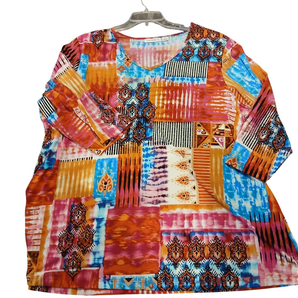 Susan Graver 2X Patchwork Print V Neck 3/4 Sleeve‎ Top Women Multicolor